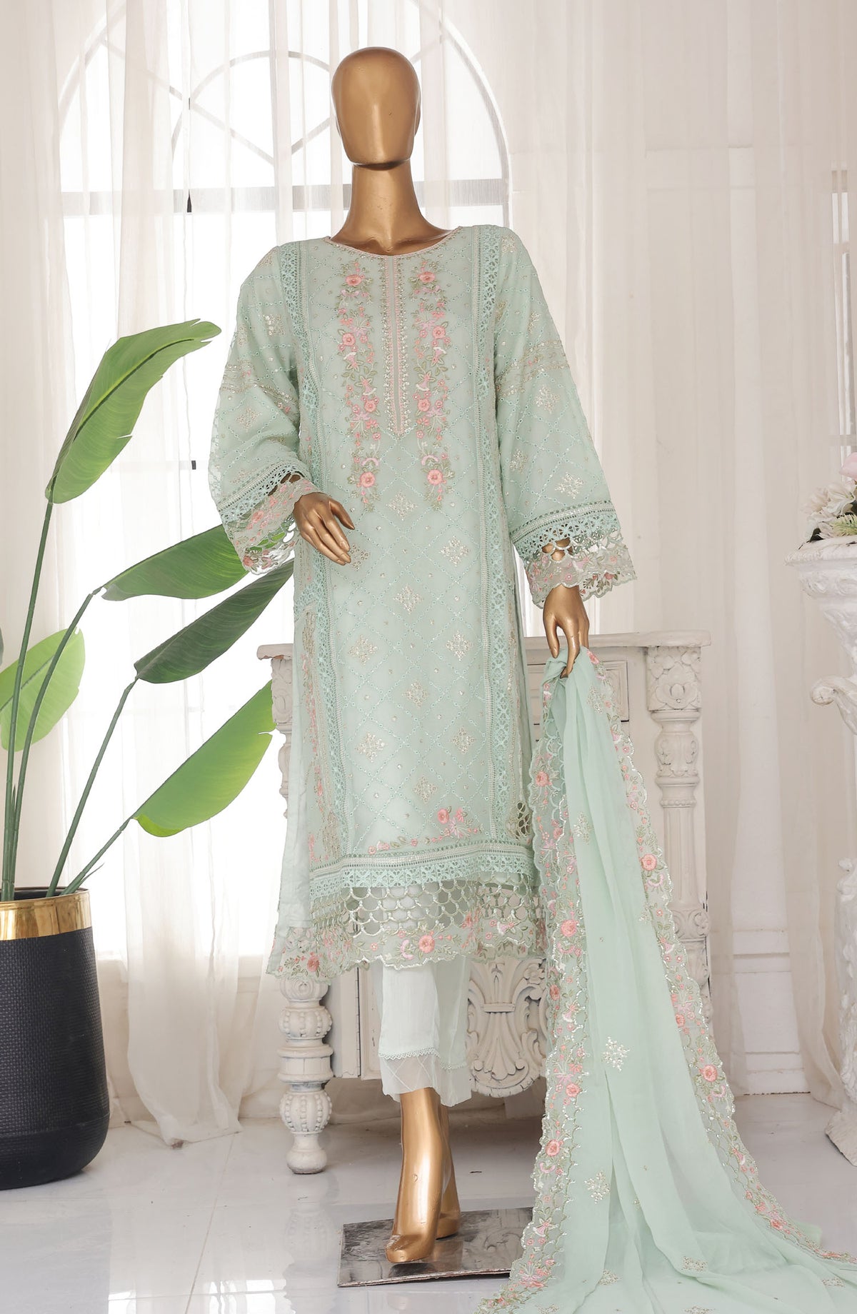 Bin Saeed Embroidered Chiffon Stitched 3 Piece Suit - D-01 - BS25ELC - Green - Festive Collection