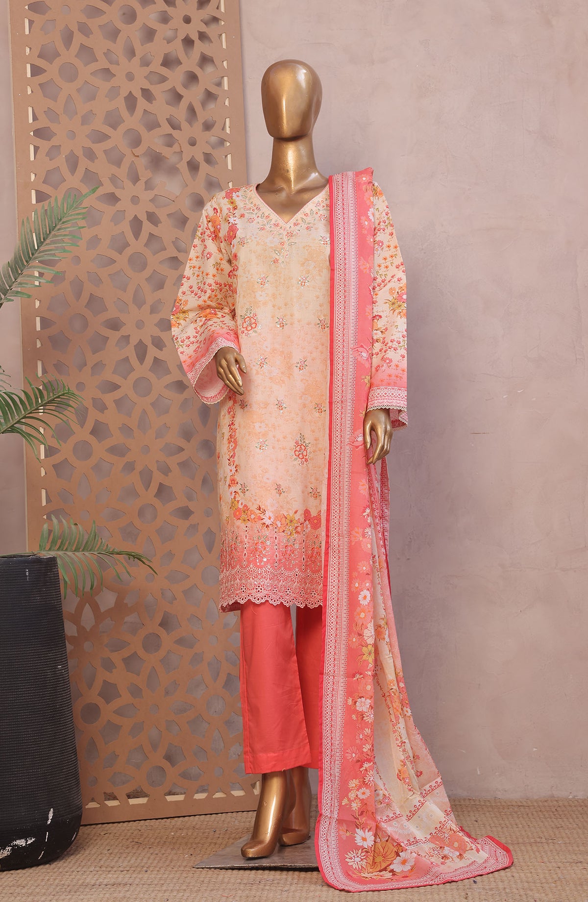 Bin Saeed Embroidered Lawn Stitched 3 Piece Suit - D-09 - BS25REL - Orange - Summer Collection