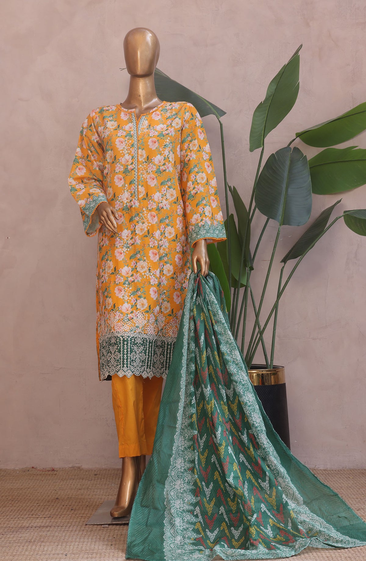 Bin Saeed Embroidered Lawn Stitched 3 Piece Suit - D-06 - BS25REL - Mustard - Summer Collection