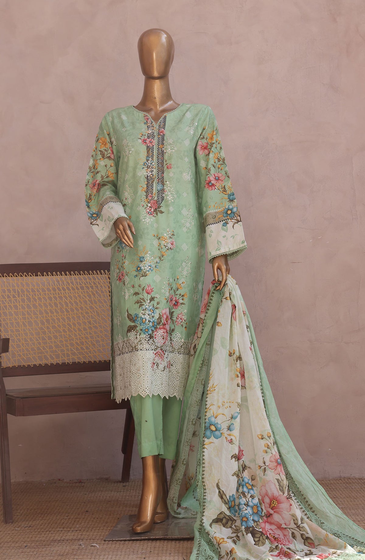 Bin Saeed Embroidered Lawn Stitched 3 Piece Suit - D-03 - BS25REL - Green - Summer Collection