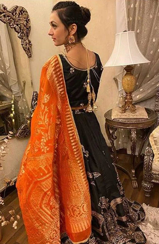 Hues Atelier Embroidered Raw Silk Stitched 3 Piece - Black Lehnga Choli - HA25LF - Festive Collection
