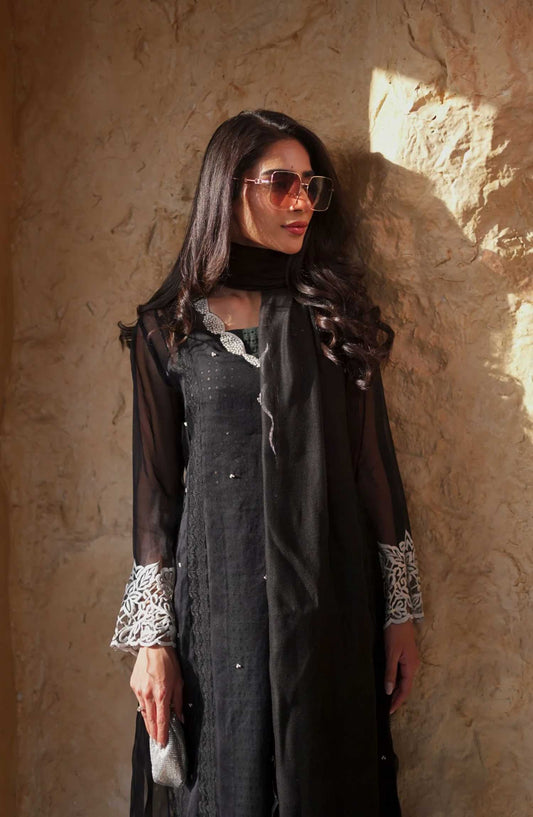 Luna Edit By Hues Atelier Embroidered Organza Stitched 2 Piece - Black Soir - HA25L - Festive Collection