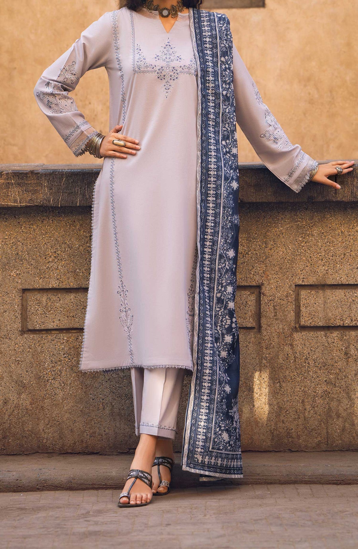 Bazaar by Casual Lite Embroidered Cotton Lawn Stitched 3 Piece Suit - Blue And Grey - CL25BS - Summer Collection