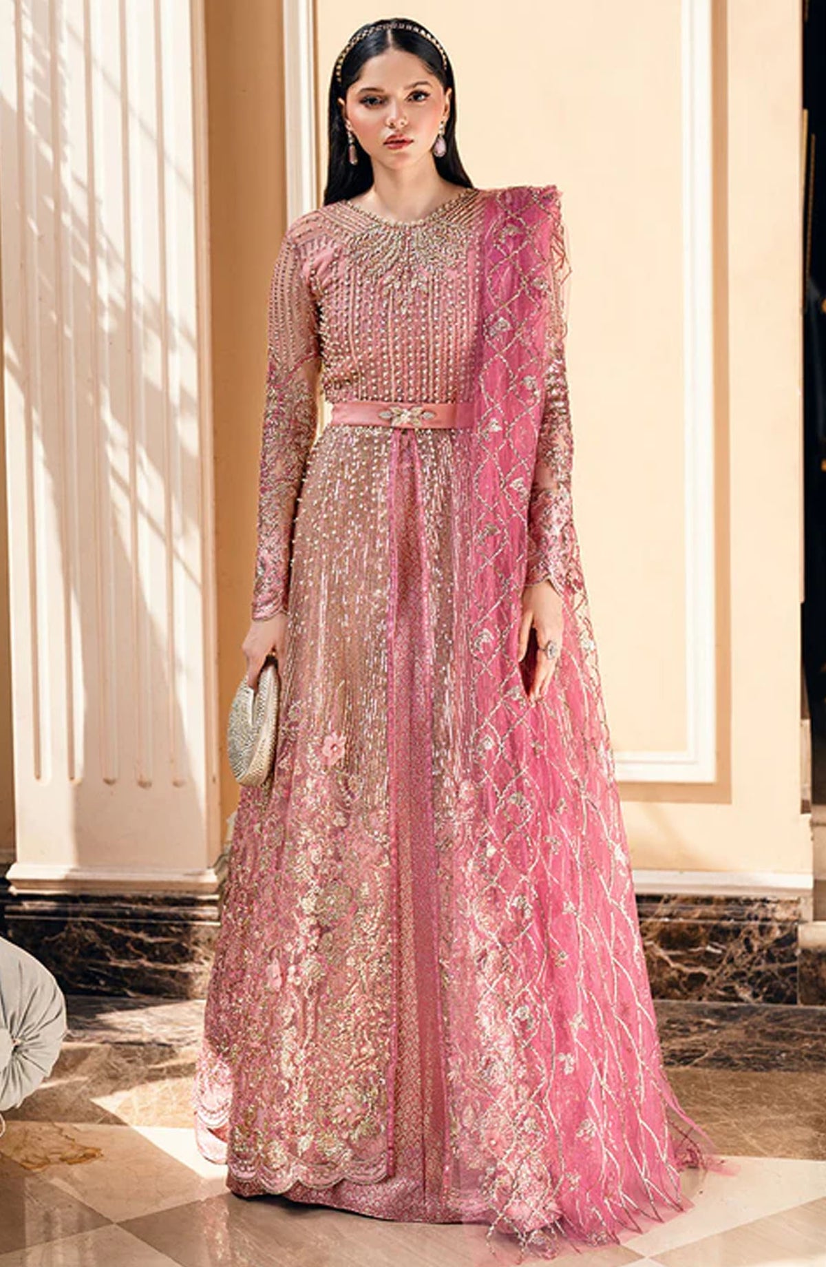 Mushq Embroidered Net Unstitched 4 Piece - Bonafide - MQ25M - Pink - Formal Collection