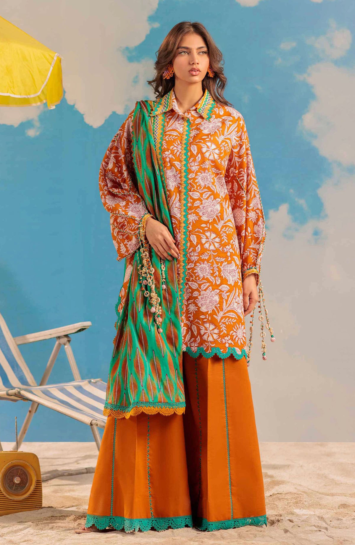 Bonanza Satrangi Embroidered Lawn Unstitched 3 Piece Suit - WSS25P3011 - BOS25THD1 - Orange - Summer Collection