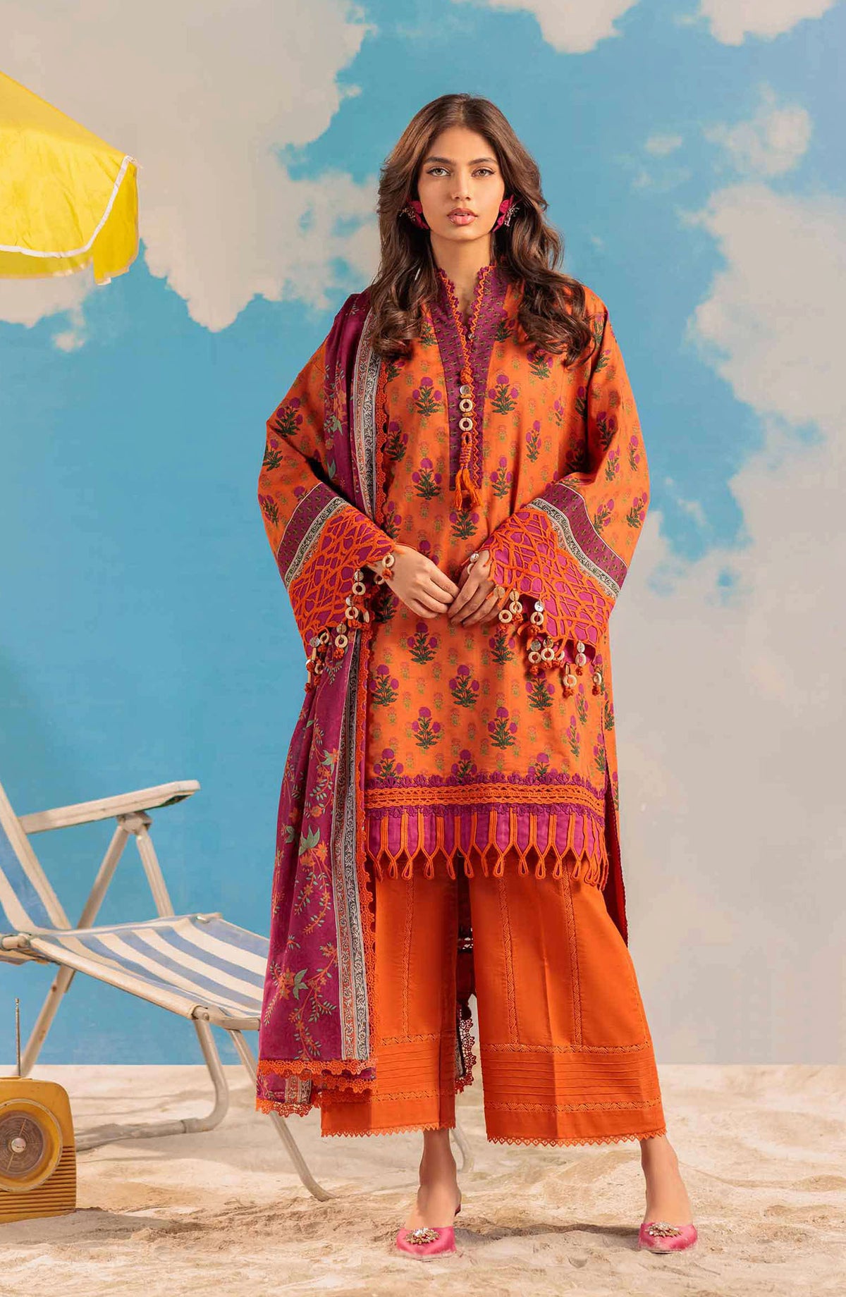 Bonanza Satrangi Embroidered Lawn Unstitched 3 Piece Suit - WSS25P3013 - BOS25THD1 - Orange - Summer Collection