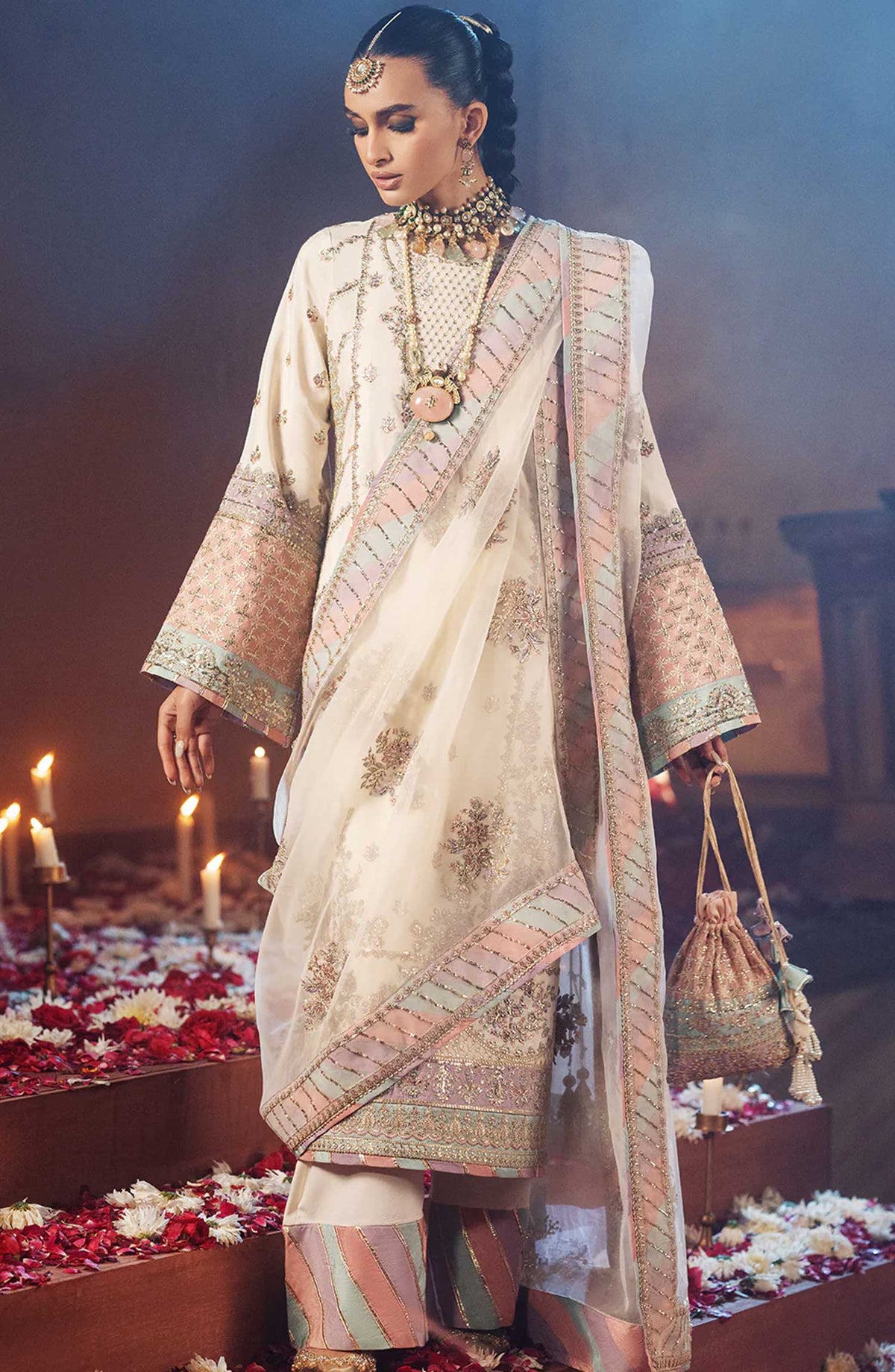 AJR Embroidered Raw silk Unstitched 3 Piece - Chandni - AJR25S - White - Wedding Collection