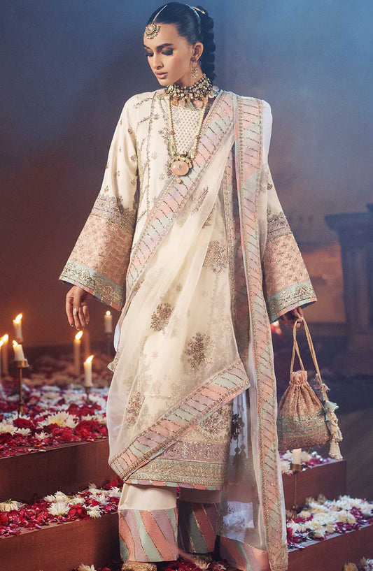 AJR Embroidered Raw silk Unstitched 3 Piece - Chandni - AJR25S - White - Wedding Collection