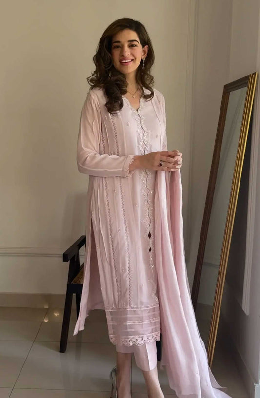 Luna Edit By Hues Atelier Embroidered Chiffon Stitched 3 Piece - Chantilly Pink - HA25L - Festive Collection
