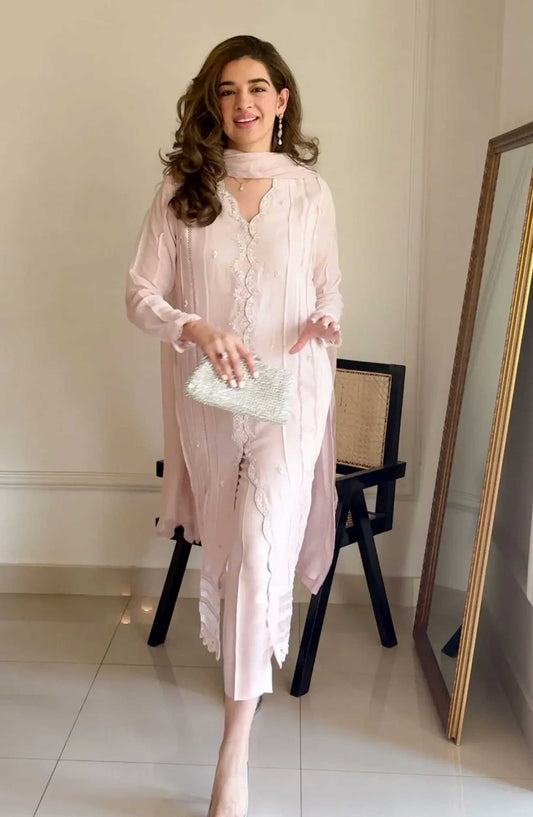 Luna Edit By Hues Atelier Embroidered Chiffon Stitched 3 Piece - Chantilly Pink - HA25L - Festive Collection