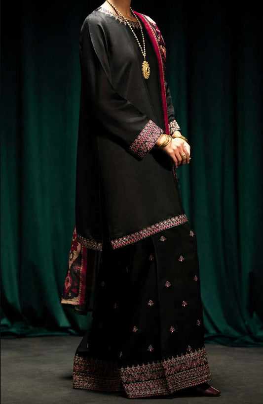 Boutique by Casual lite Embroidered Cotton Silk Stitched 3 Piece - Classic Black Base - CL25B2 - Black - Festive Collection