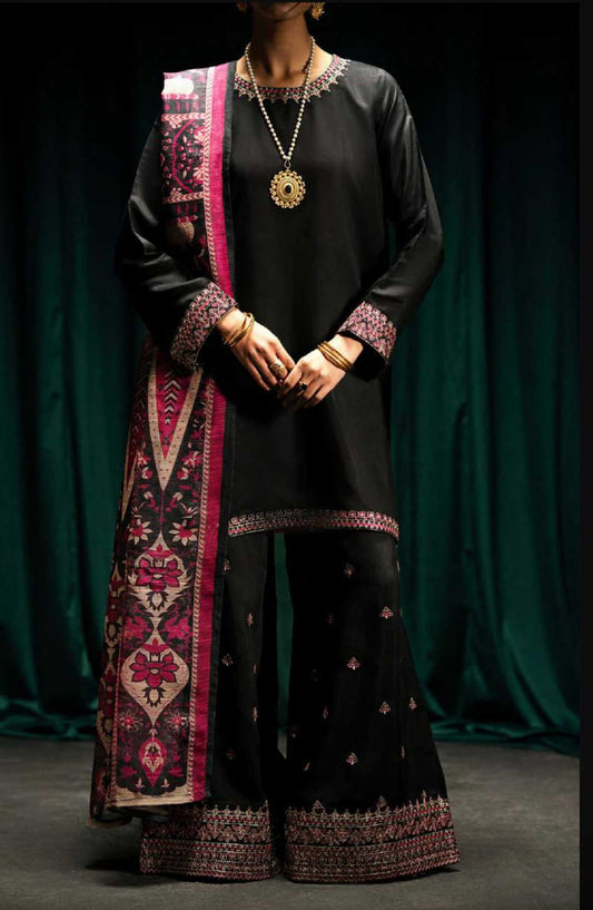 Boutique by Casual lite Embroidered Cotton Silk Stitched 3 Piece - Classic Black Base - CL25B2 - Black - Festive Collection
