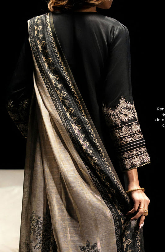 Casual Lite Embroidered Viscose Stitched 3 Piece - Classic Black Hue - CL25B1 - Black - Winter Collection