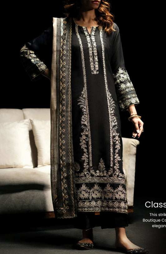 Casual Lite Embroidered Viscose Stitched 3 Piece - Classic Black Hue - CL25B1 - Black - Winter Collection