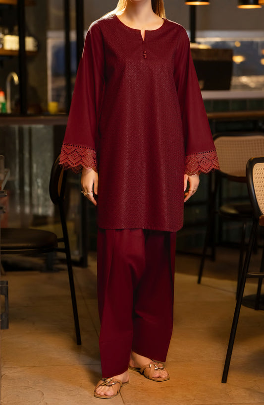 Casual Lite Embroidered Cotton Lawn Stitched 2 Piece Suit - Outfit-03 - CL25T70 - Maroon - Summer Collection