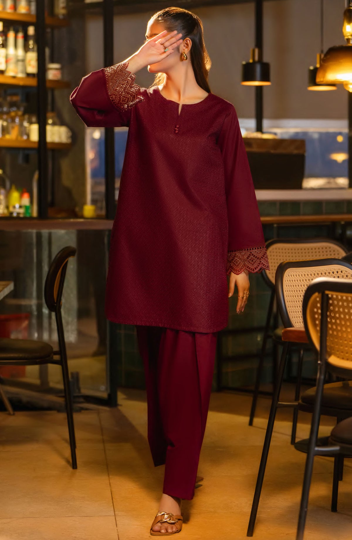 Casual Lite Embroidered Cotton Lawn Stitched 2 Piece Suit - Outfit-03 - CL25T70 - Maroon - Summer Collection