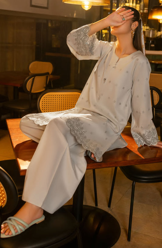 Casual Lite Embroidered Cotton Lawn Stitched 2 Piece Suit - Outfit-02 - CL25T70 - Grey - Summer Collection