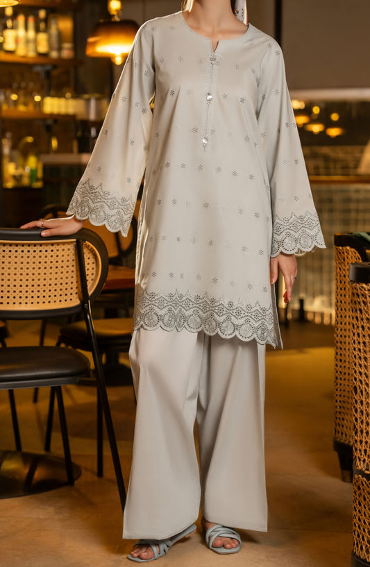 Casual Lite Embroidered Cotton Lawn Stitched 2 Piece Suit - Outfit-02 - CL25T70 - Grey - Summer Collection
