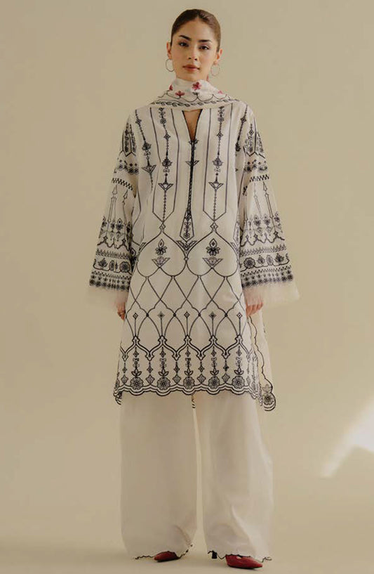 Coco by Zara Shahjahan Embroidered Lawn Unstitched 3 Piece Suit - D-02-B Zufra - ZS25CLD2 - White - Summer Collection