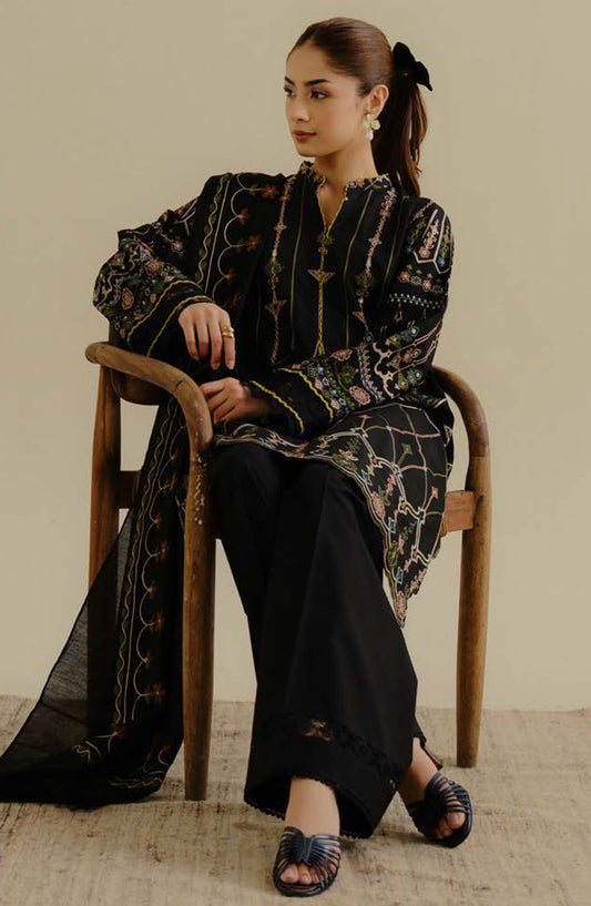 Coco by Zara Shahjahan Embroidered Lawn Unstitched 3 Piece Suit - D-02-A Elva - ZS25CLD2 - Black - Summer Collection