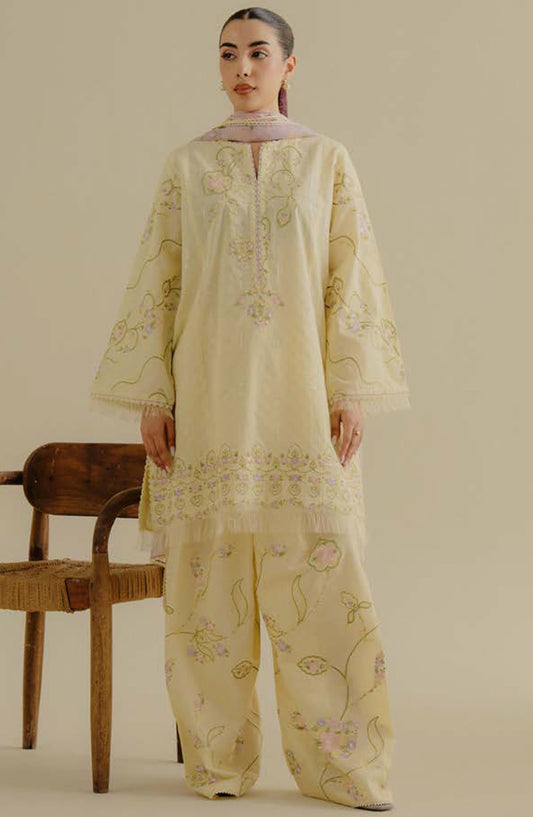 Coco by Zara Shahjahan Embroidered Jacquard Unstitched 3 Piece Suit - D-01-A Elva - ZS25CLD2 - Yellow - Summer Collection