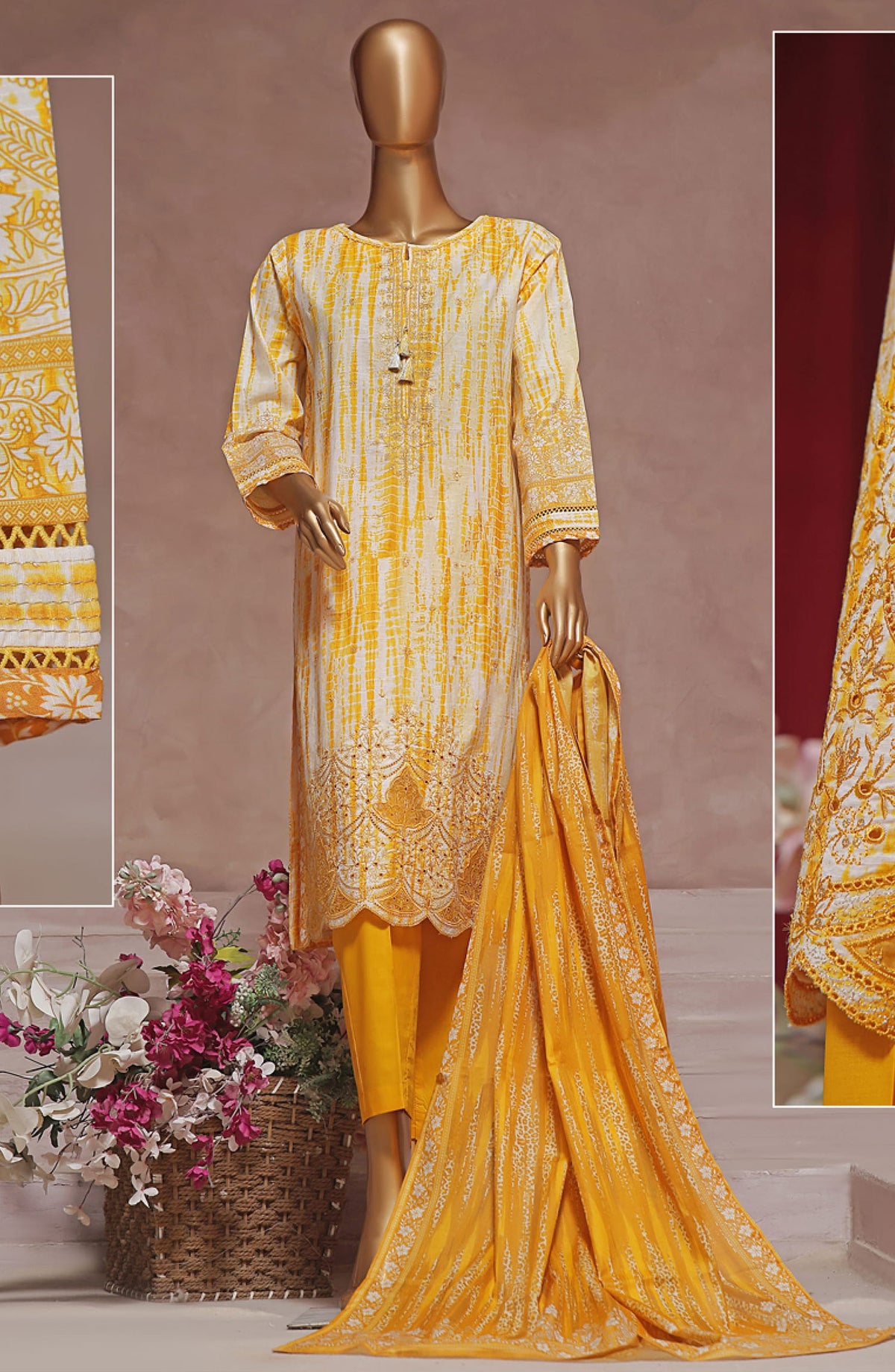 Intermix by HZ Textile Embroidered Cambric Stitched 3 Piece - CPE-121 YELLOW - HZ25I - Yellow - Winter Collection