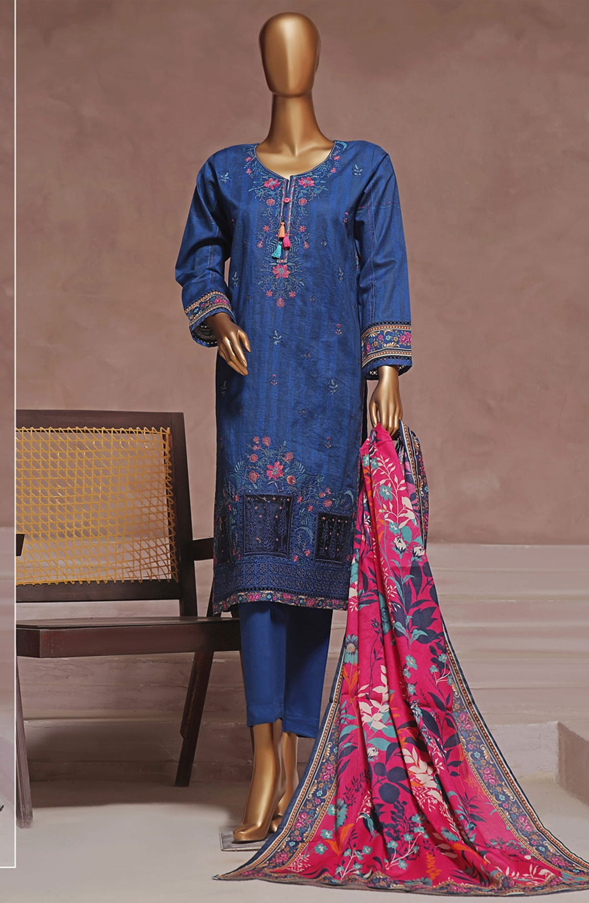 Intermix by HZ Textile Embroidered Cambric Stitched 3 Piece - CPE-122 MIDNIGHT BLUE - HZ25I - Blue - Winter Collection