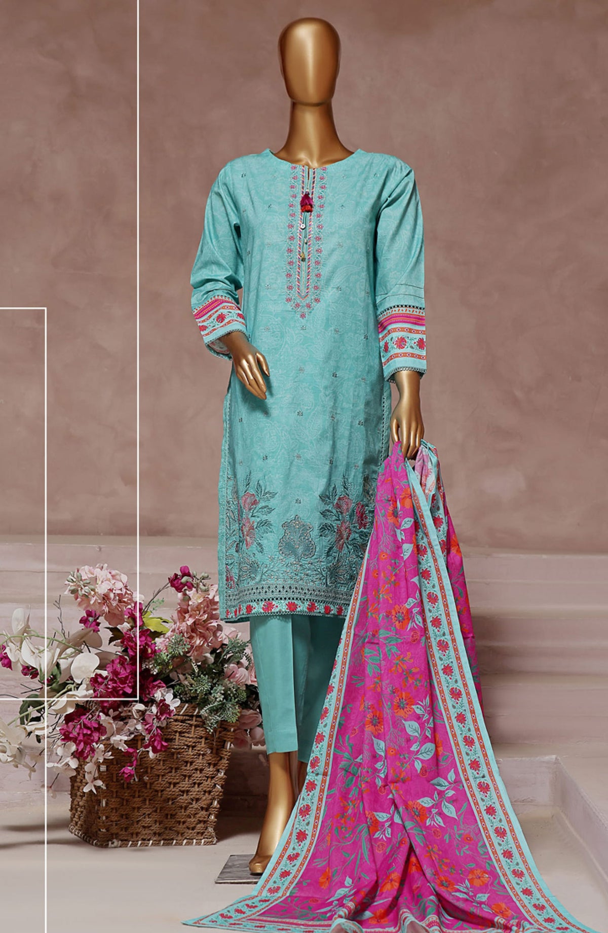 Intermix by HZ Textile Embroidered Cambric Stitched 3 Piece - CPE-123 SEA GREEN - HZ25I - Sea Green - Winter Collection