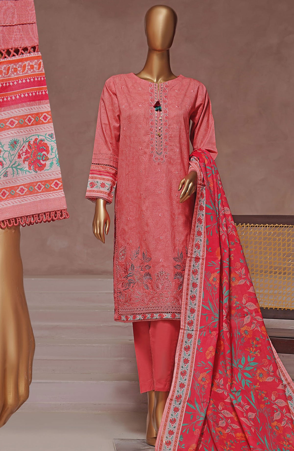 Intermix by HZ Textile Embroidered Cambric Stitched 3 Piece - CPE-124 CORAL - HZ25I - Orange - Winter Collection
