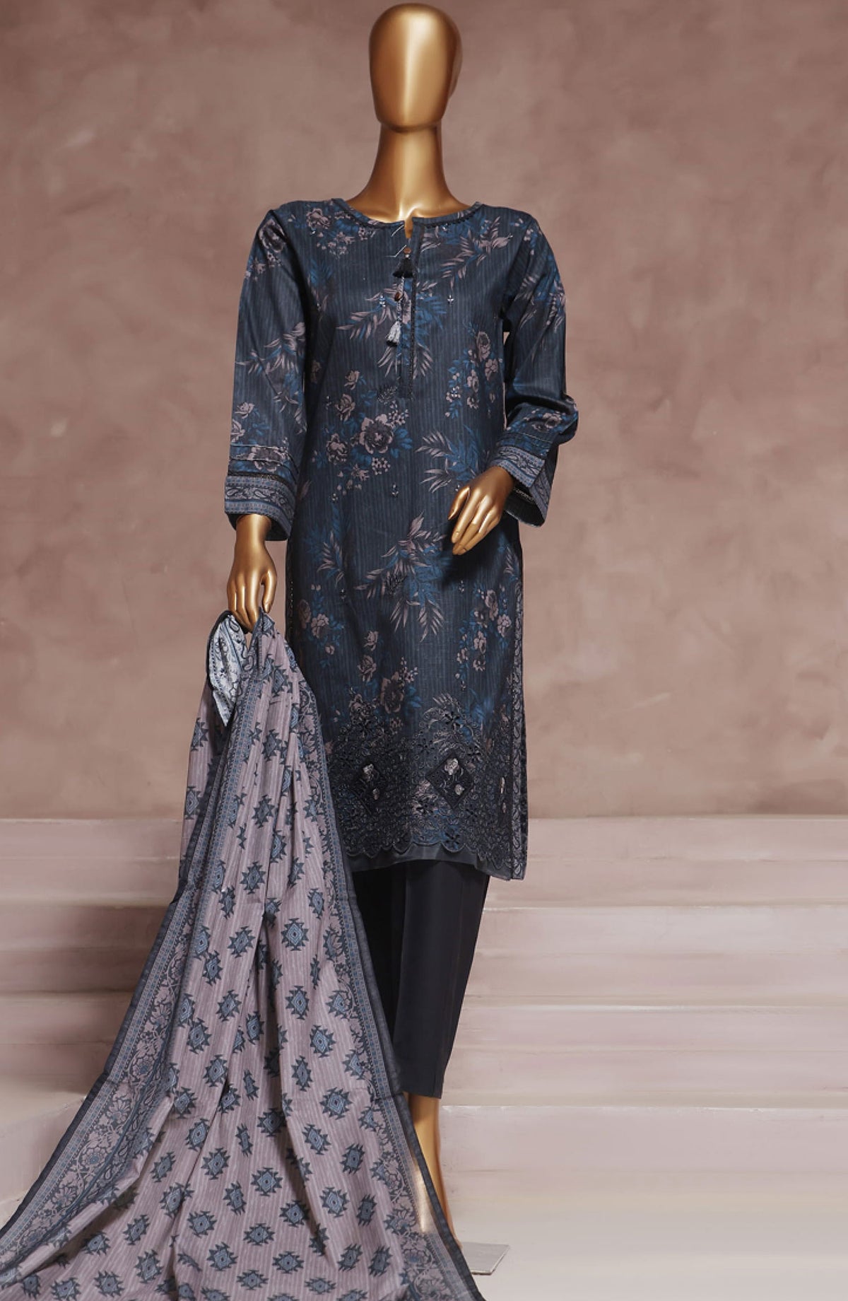 Intermix by HZ Textile Embroidered Cambric Stitched 3 Piece - CPE-126 SMOKY GREY - HZ25I - Dark Grey - Winter Collection