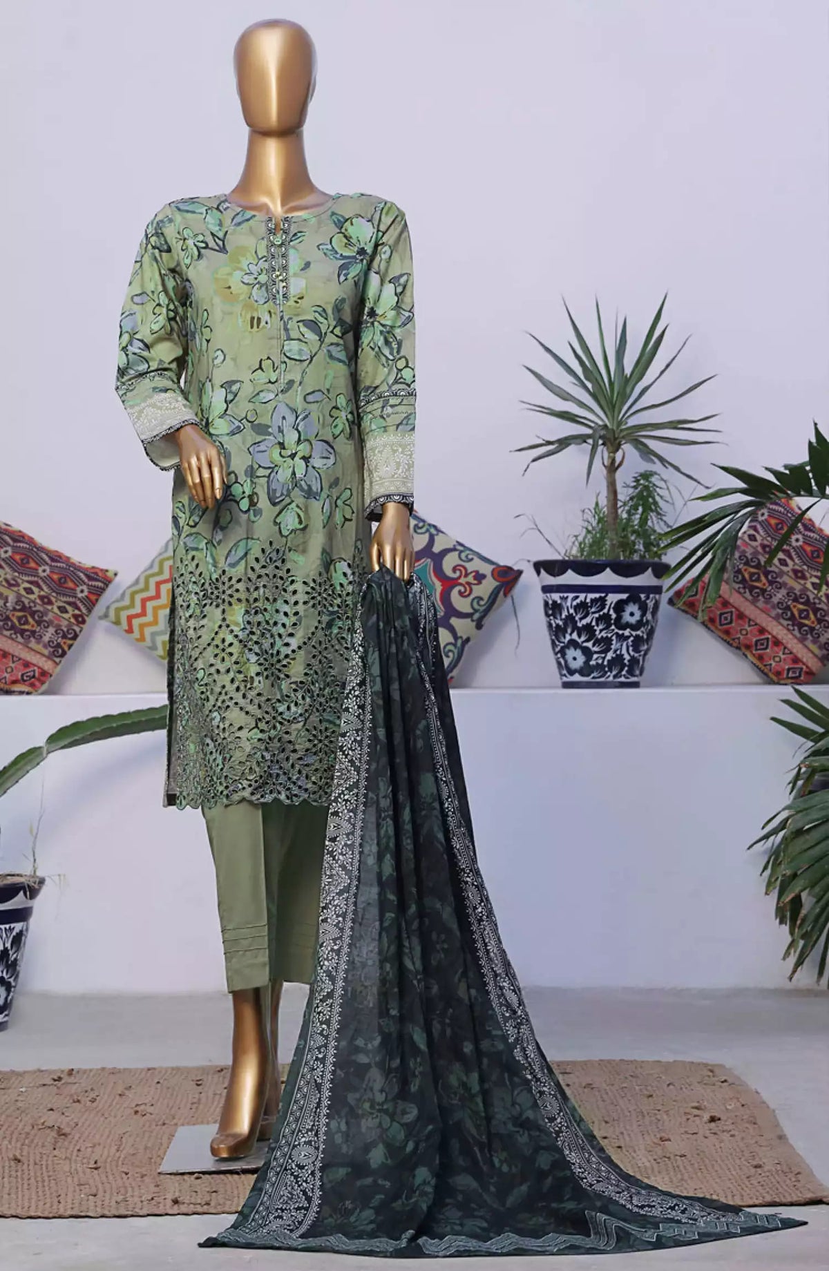 HZ Printkari RTW Printed Embroidered 3 PC Collection-CPK-802 OLIVE GREEN