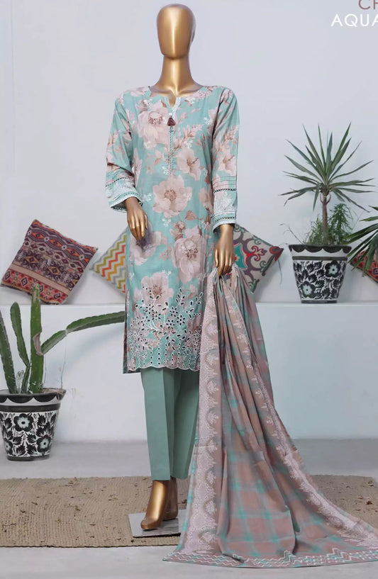 HZ Printkari RTW Printed Embroidered 3 PC Collection-CPK-803 AQUA BLUE