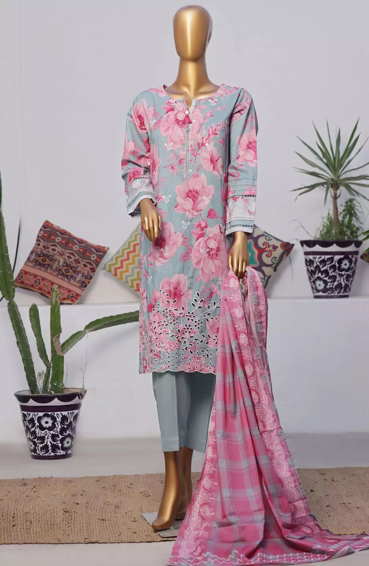 HZ Printkari RTW Printed Embroidered 3 PC Collection-CPK-804 BLUE PINK