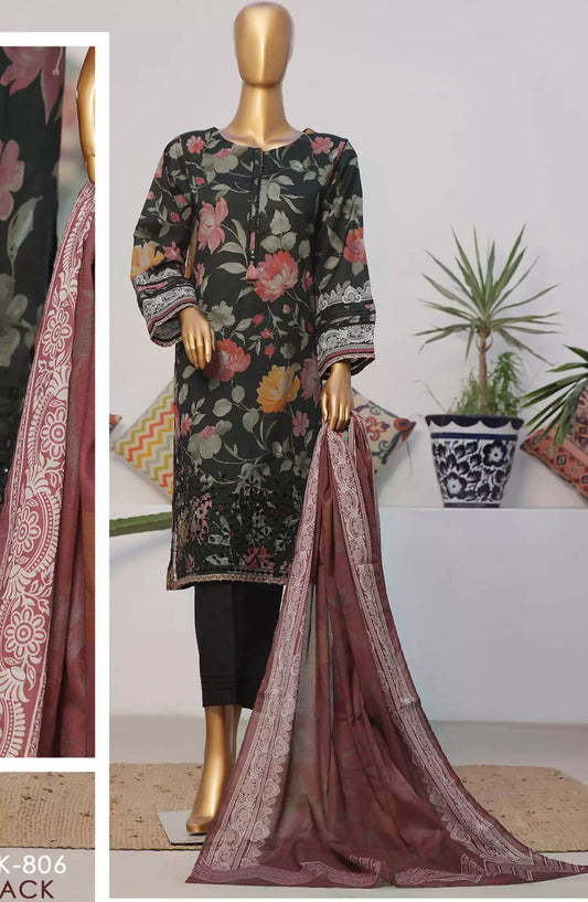 HZ Printkari RTW Printed Embroidered 3 PC Collection-CPK-806 BLACK