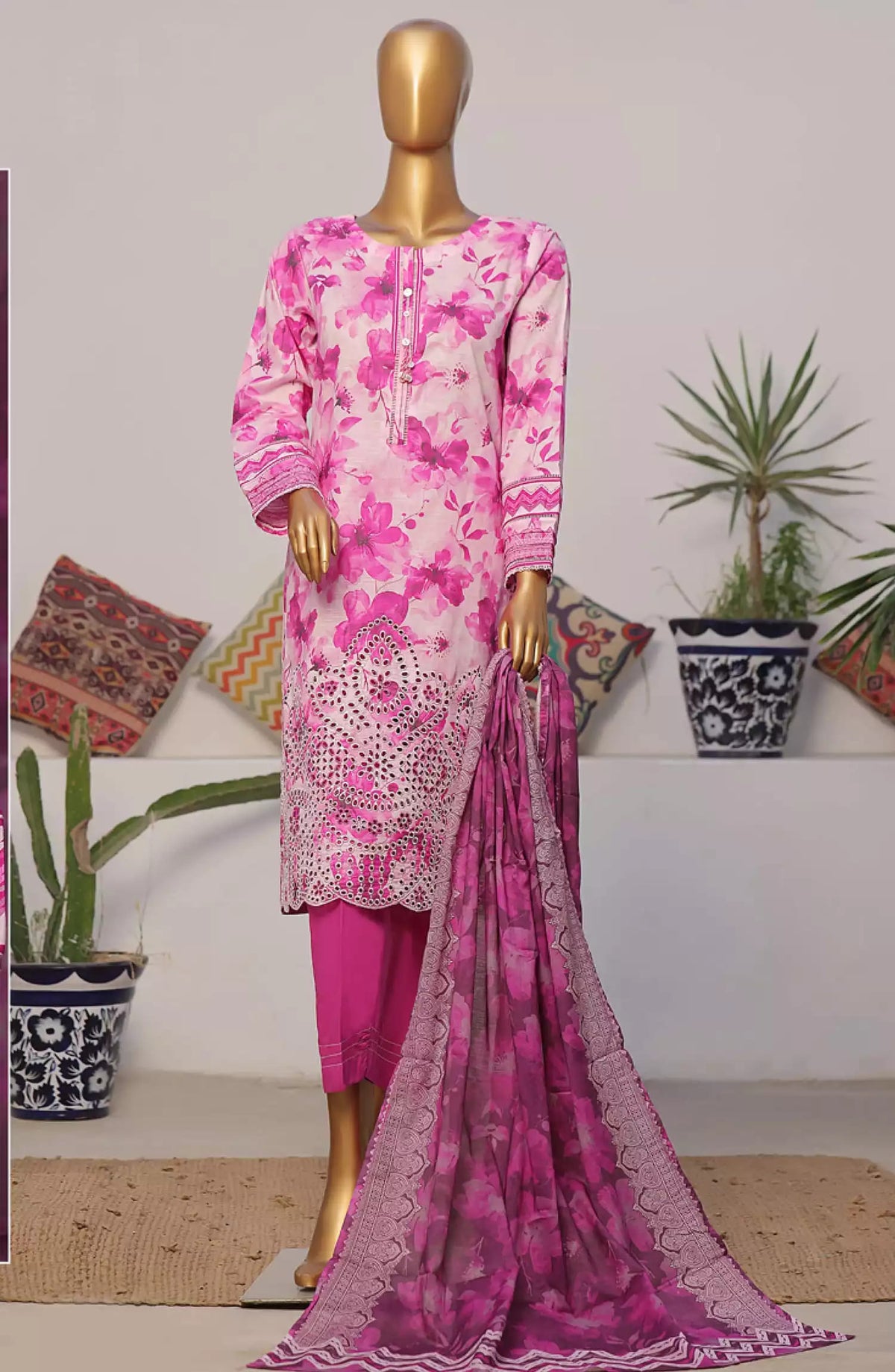 HZ Printkari RTW Printed Embroidered 3 PC Collection-CPK-809 PINK