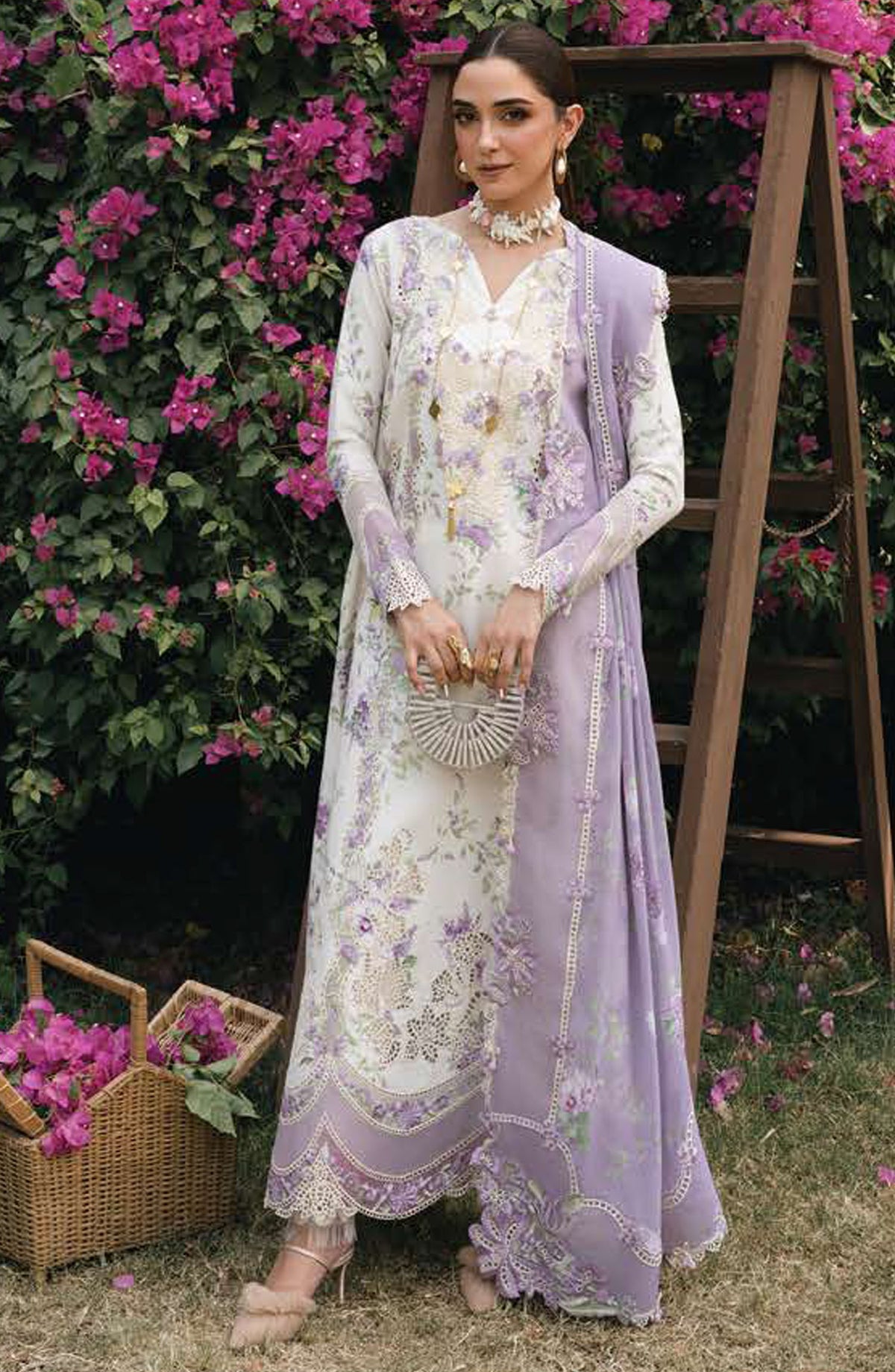 Crimson Embroidered Lawn Unstitched 3 Piece Suit - D-05-B Lavender Fall - CR25LL - White - Summer Collection
