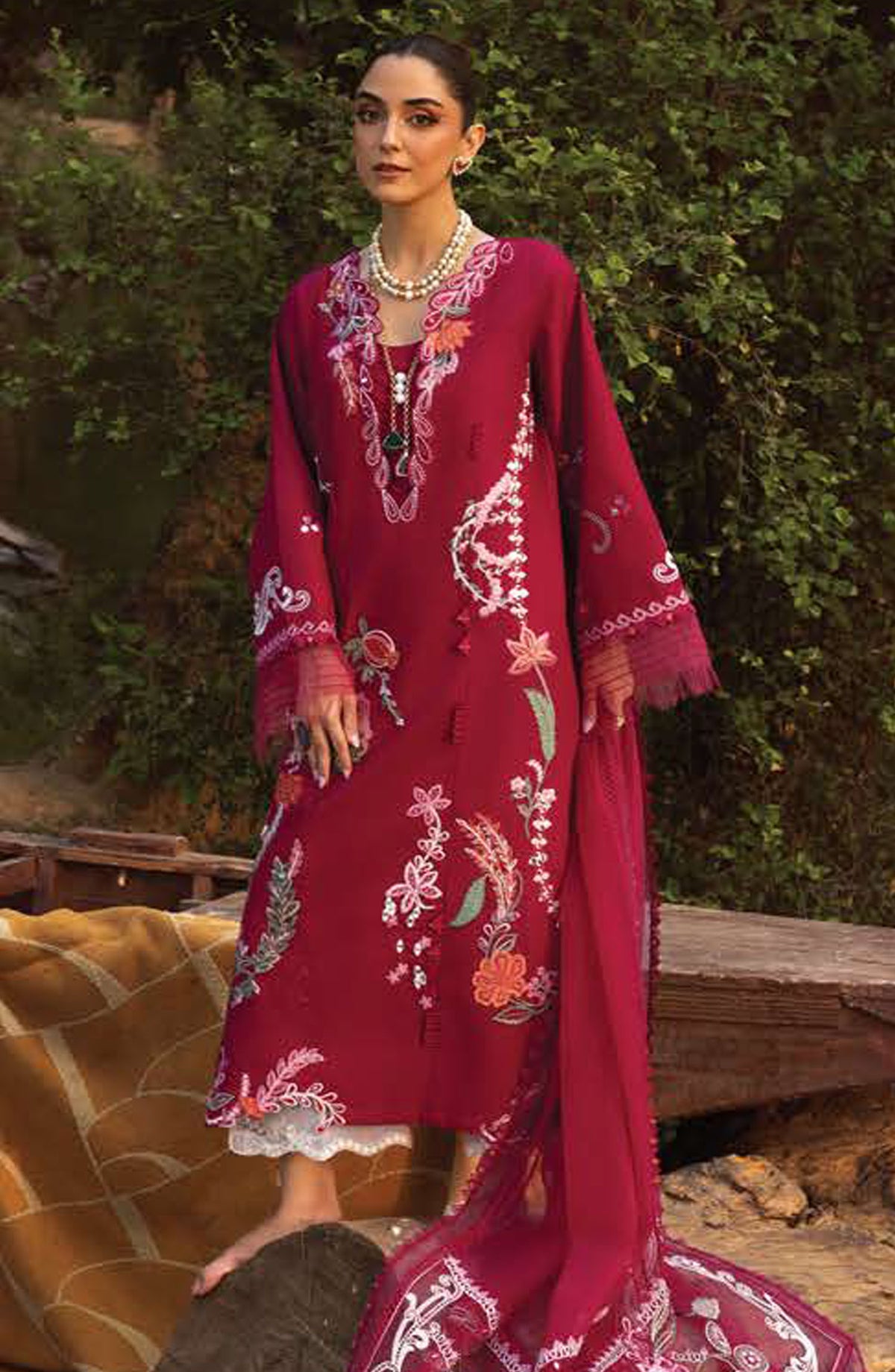 Crimson Embroidered Lawn Unstitched 3 Piece Suit - D-03-A Mirror Garden - CR25LL - Red - Summer Collection