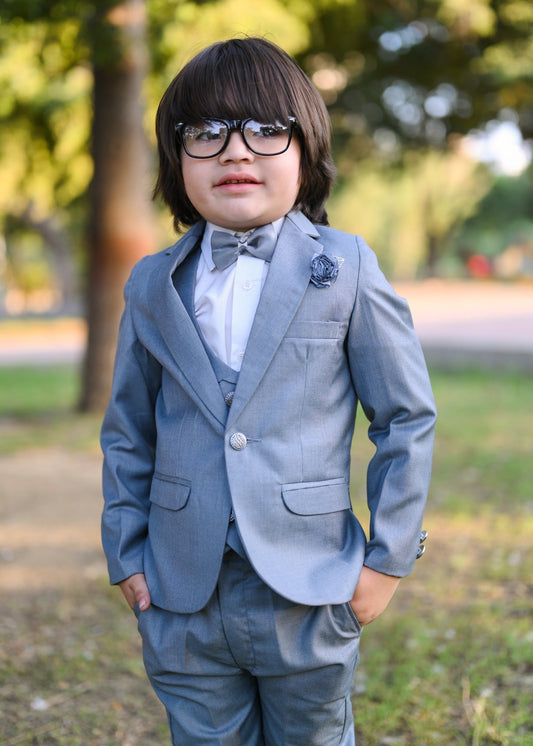 5pcs Grey suit (Coat+Pant+waistcoat+Shirt+Bow) - CPS 005