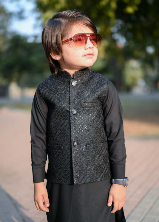 Black Sequence Embroidered Waistcoat Suit EW27