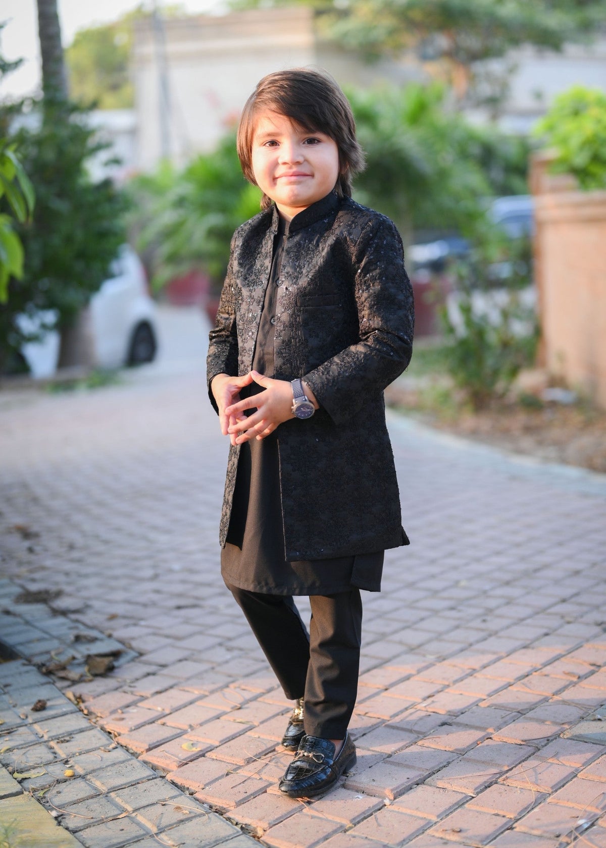 Black Sequence Open Long Sherwani -S18