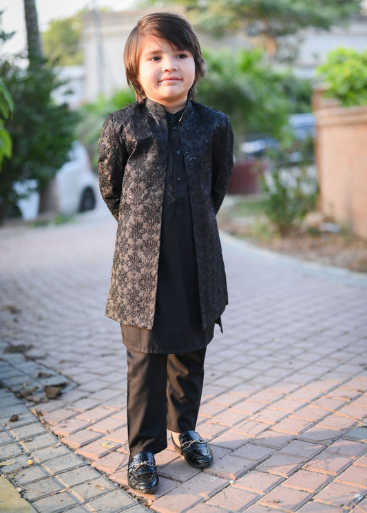 Black Sequence Open Long Sherwani -S18