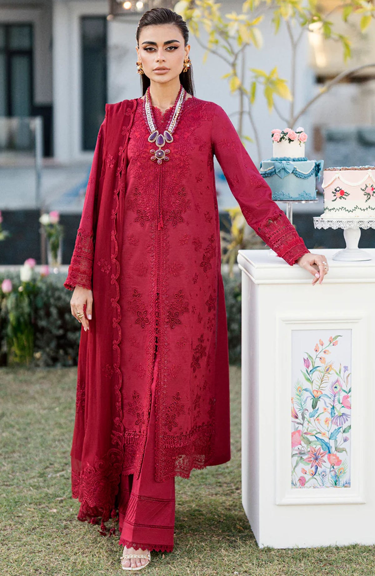 Qalamkar Chikankari Lawn Unstitched 3 Piece Suit - CS-02 LERA - Q25CEE - Red - Eid Collection