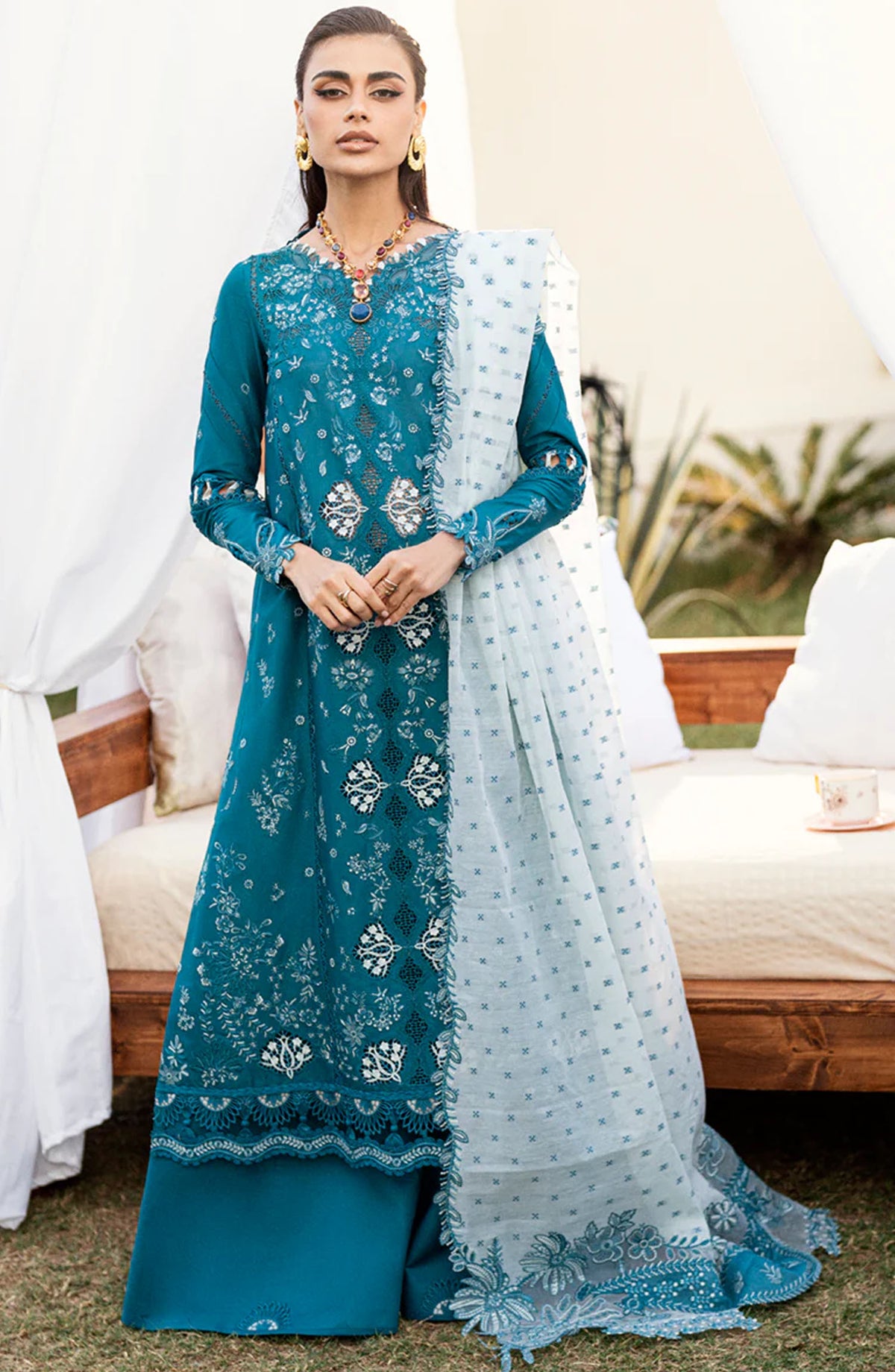 Qalamkar Chikankari Lawn Unstitched 3 Piece Suit - CS-07 ALYANA - Q25CEE - Blue - Eid Collection