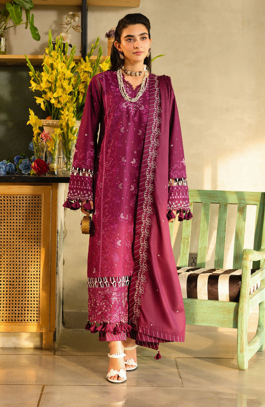 Sahane Embroidered Lawn Unstitched 3 Piece Suit - CT-21002 Berry - SAH25ILL - Purple - Summer Collection