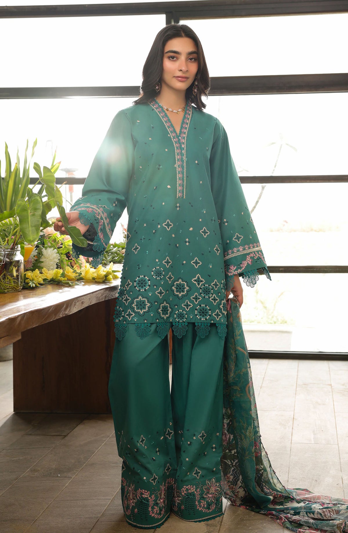 Sahane Embroidered Lawn Unstitched 3 Piece Suit - CT-21004 Ameta - SAH25ILL - Sea Green - Summer Collection