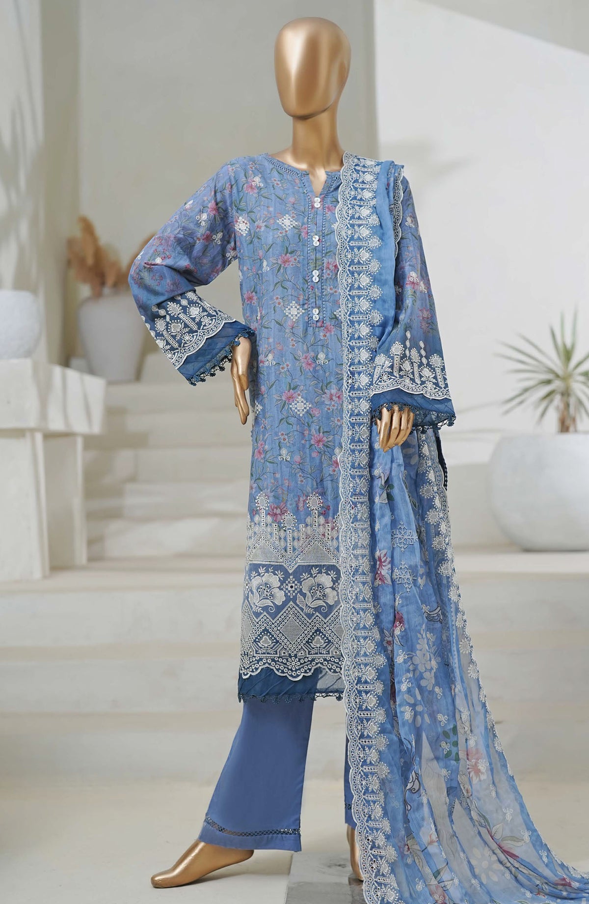 Sadabahar Chikankari Cutwork Stitched 3 Piece Suit - D-01 - SBD25CUTC - Blue - Summer Collection