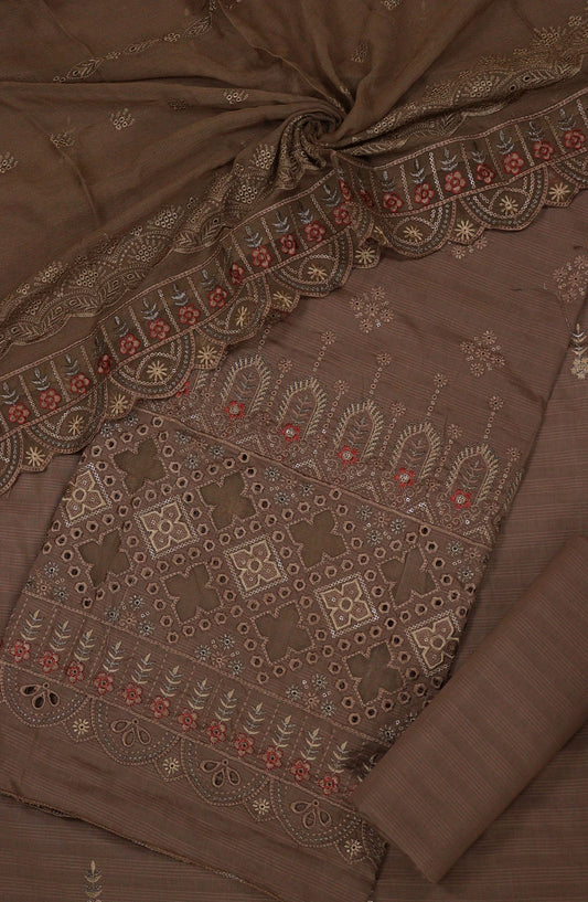 Anaya by Amna Khadija Embroidered Lawn Unstitched 3 Piece Suit - D-01 - AM25AUFL - Brown - Summer Collection