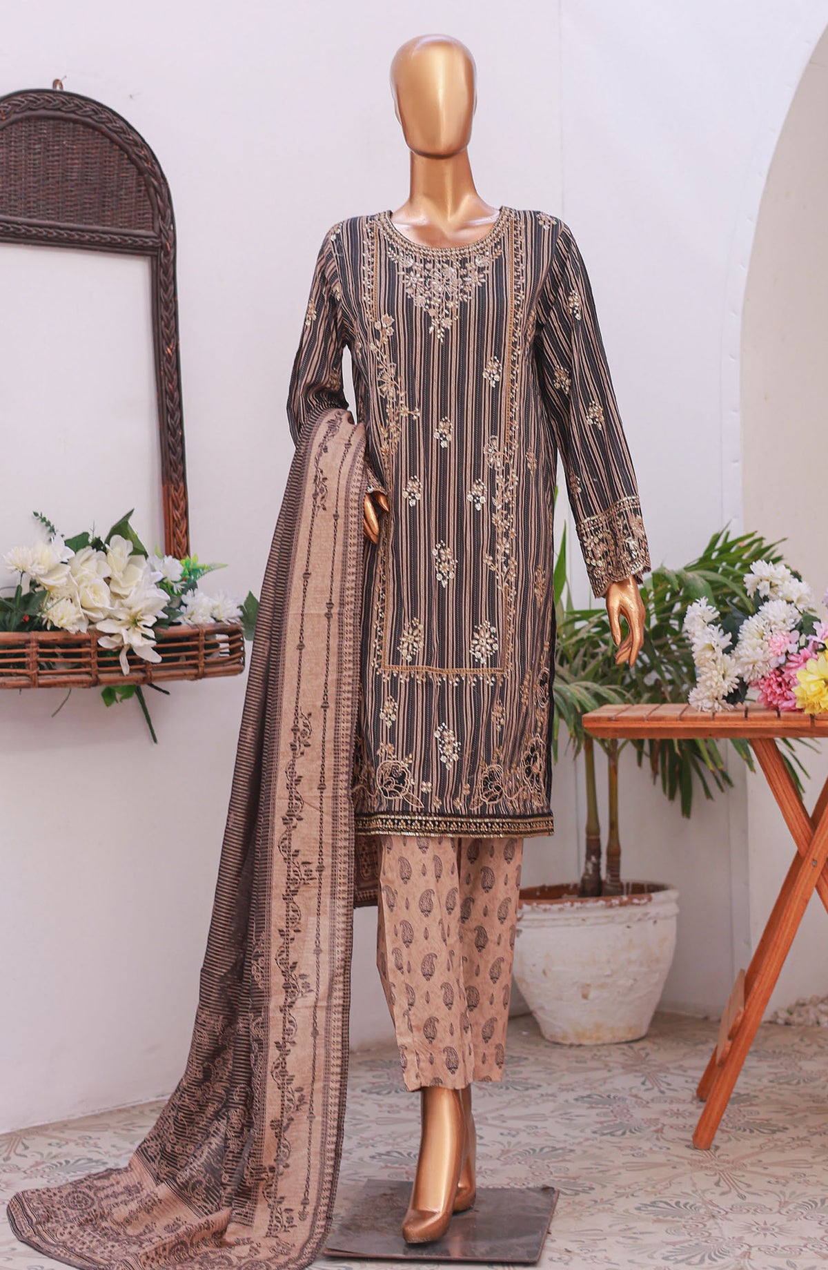 Bin Saeed Self Stripe Stitched 3 Piece Suit - D-01 - BS25EKCR - Brown - Summer Collection