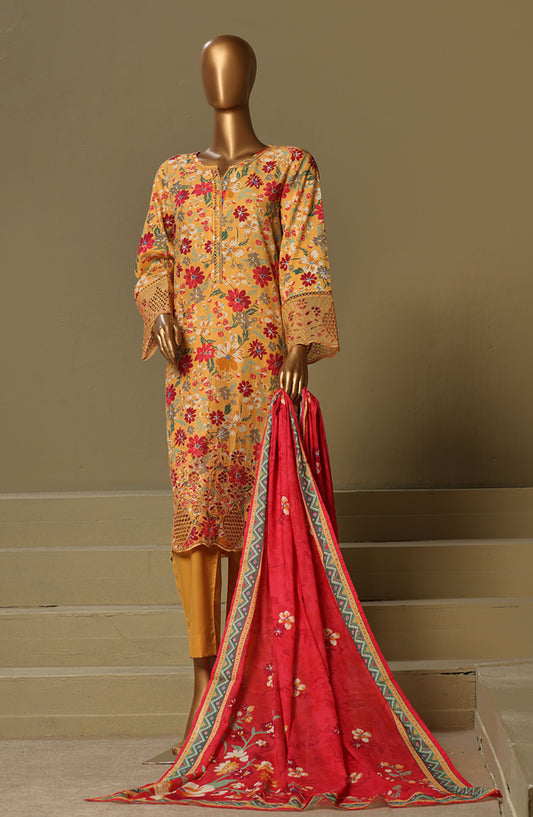 Bin Saeed Chikankari Lawn Stitched 3 Piece Suit - D-01 - BS25LC - Orange - Summer Collection
