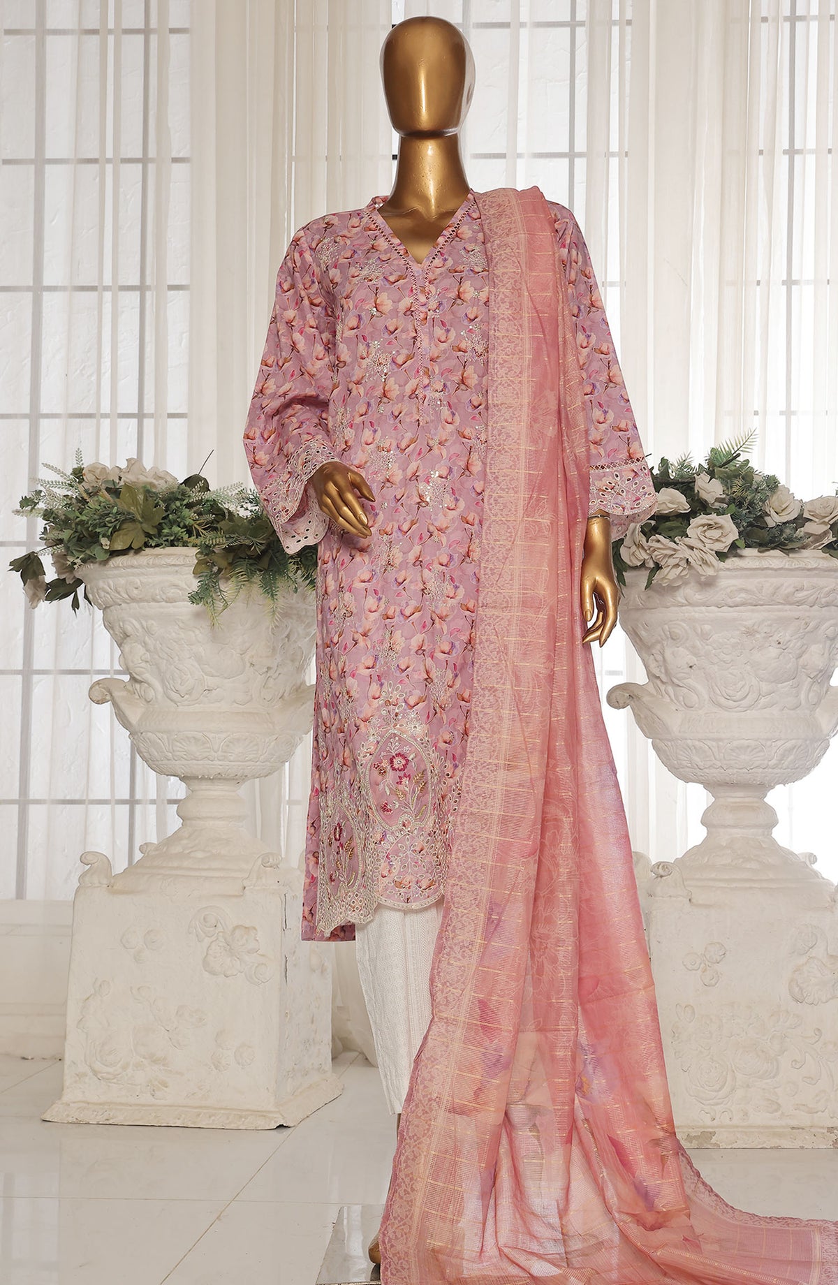 Bin Saeed Chikankari Stitched 3 Piece Suit - D-01 - BS25WNWC - Pink - Summer Collection